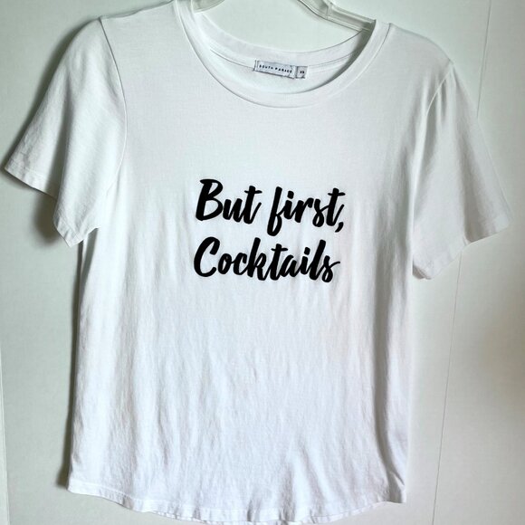 SOUTH PARADE Lola Top But First Cocktails Short Sleeve Cotton Tee White Black XS - Picture 2 of 9